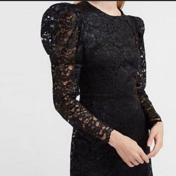 Express Short Black Lace Party Dress Sheer Puffed Long Sleeve size L Whimsigoth - Picture 1 of 10